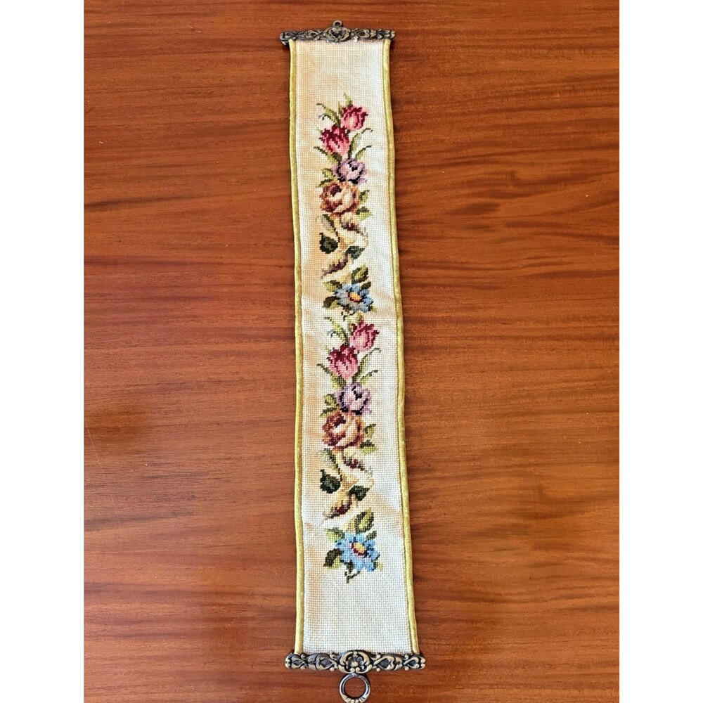 VTG Brass Bell Pull Roses Petit Point Embroidery 33.5" Olive Velvet Cottage Core